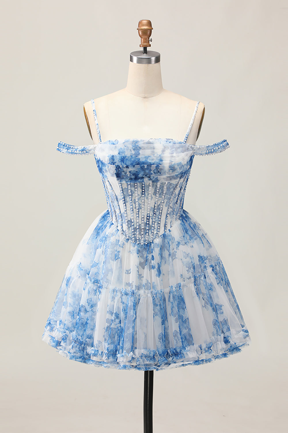 White Blue Flower A Line Corset Cold Shoulder Short Prom Dress
