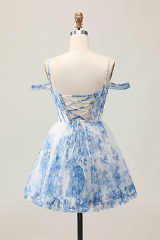 White Blue Flower A Line Corset Cold Shoulder Short Prom Dress