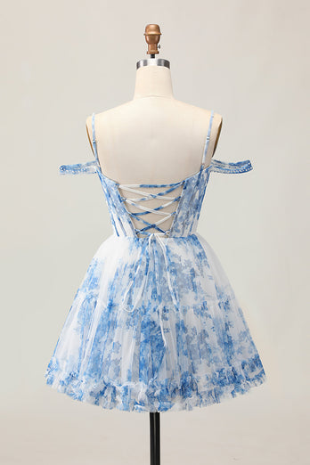 White Blue Flower A Line Corset Cold Shoulder Short Prom Dress