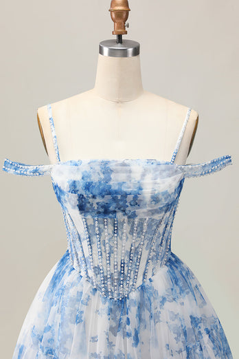White Blue Flower A Line Corset Cold Shoulder Short Prom Dress