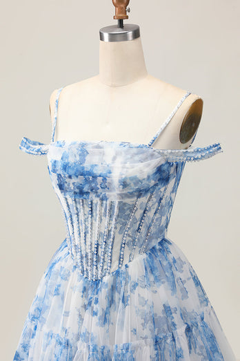 White Blue Flower A Line Corset Cold Shoulder Short Prom Dress