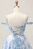 Load image into Gallery viewer, White Blue Flower A Line Corset Cold Shoulder Short Prom Dress