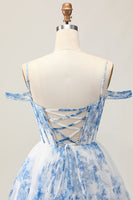 Load image into Gallery viewer, White Blue Flower A Line Corset Cold Shoulder Short Prom Dress