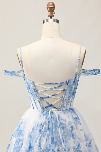 White Blue Flower A Line Corset Cold Shoulder Short Prom Dress
