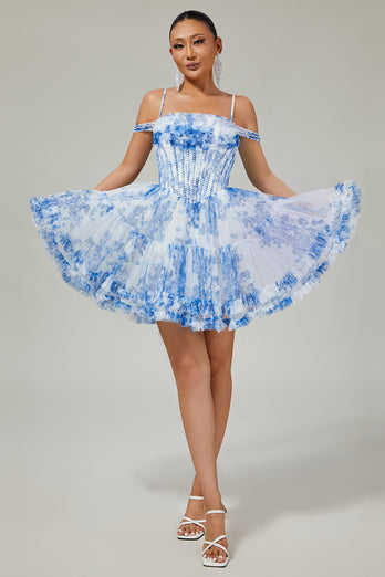 White Blue Flower A Line Corset Cold Shoulder Short Prom Dress