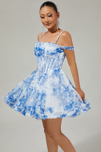 White Blue Flower A Line Corset Cold Shoulder Short Prom Dress