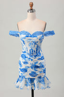 Load image into Gallery viewer, White and Blue Floral Tight Corset Short Prom Dress with Appliques