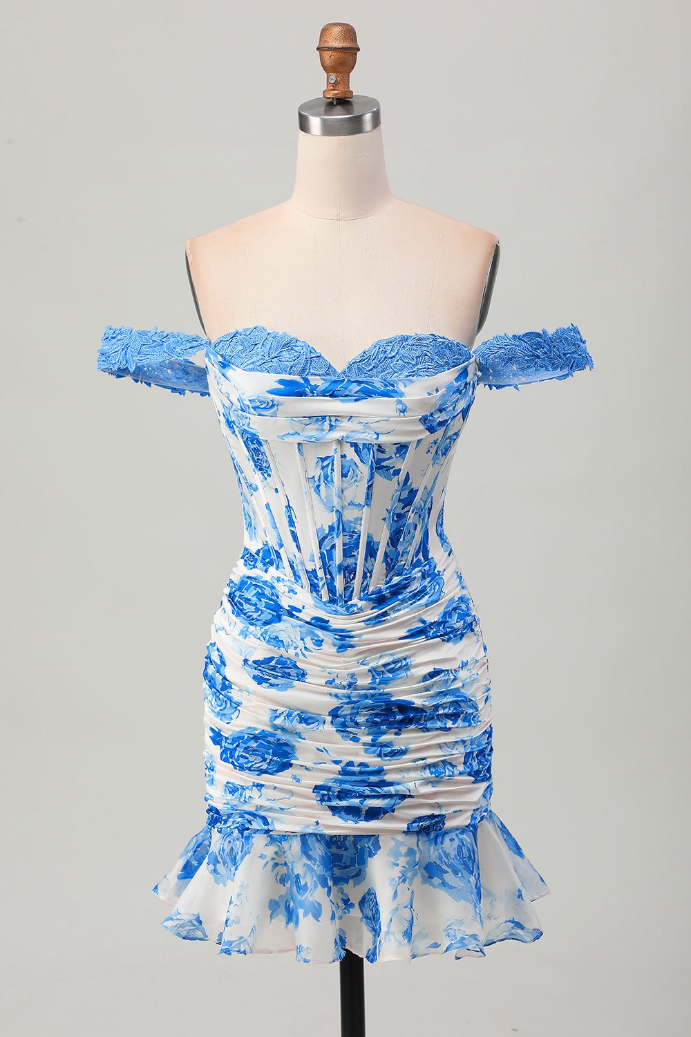 White and Blue Floral Tight Corset Short Prom Dress with Appliques