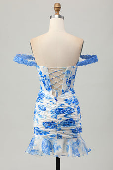 White and Blue Floral Tight Corset Short Prom Dress with Appliques
