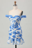 Load image into Gallery viewer, White and Blue Floral Tight Corset Short Prom Dress with Appliques