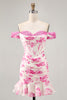 Load image into Gallery viewer, White and Fuchsia Floral Corset Tight Short Prom Dress with Appliques