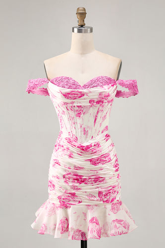 White and Fuchsia Floral Corset Tight Short Prom Dress with Appliques