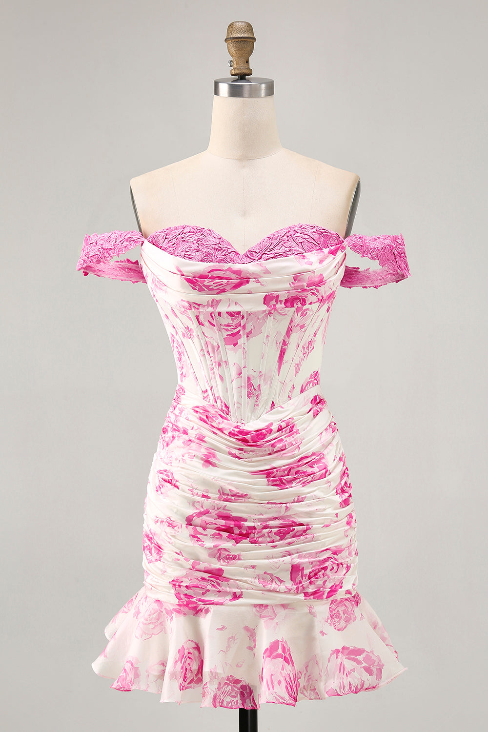 White and Fuchsia Floral Corset Tight Short Prom Dress with Appliques