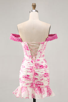 White and Fuchsia Floral Corset Tight Short Prom Dress with Appliques