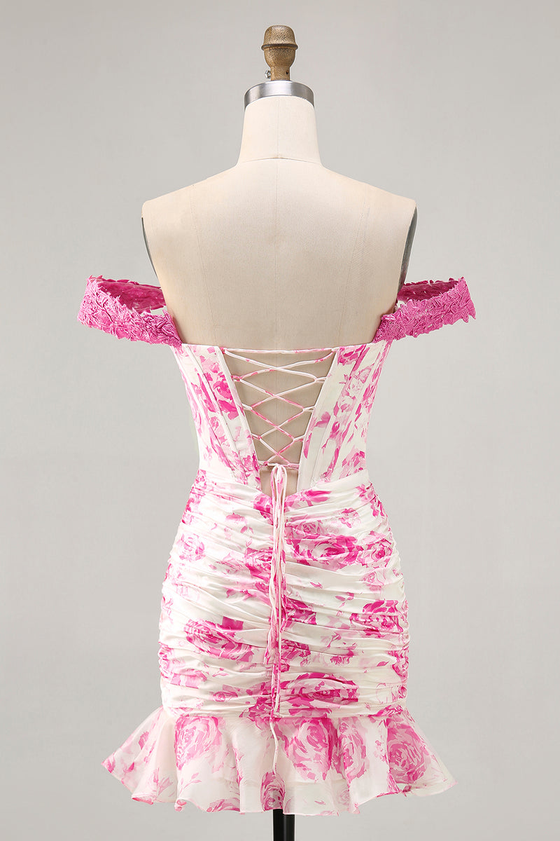 Load image into Gallery viewer, White and Fuchsia Floral Corset Tight Short Prom Dress with Appliques