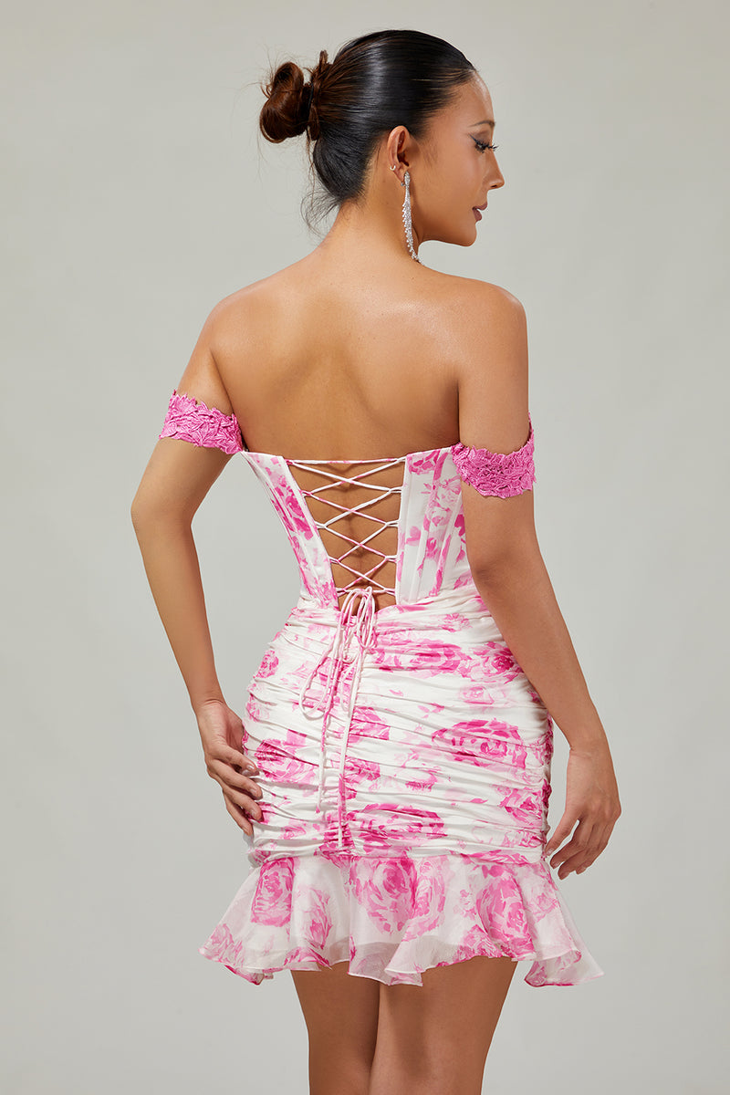 Load image into Gallery viewer, White and Blue Floral Tight Corset Short Prom Dress with Appliques