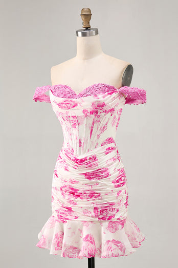 White and Fuchsia Floral Corset Tight Short Prom Dress with Appliques