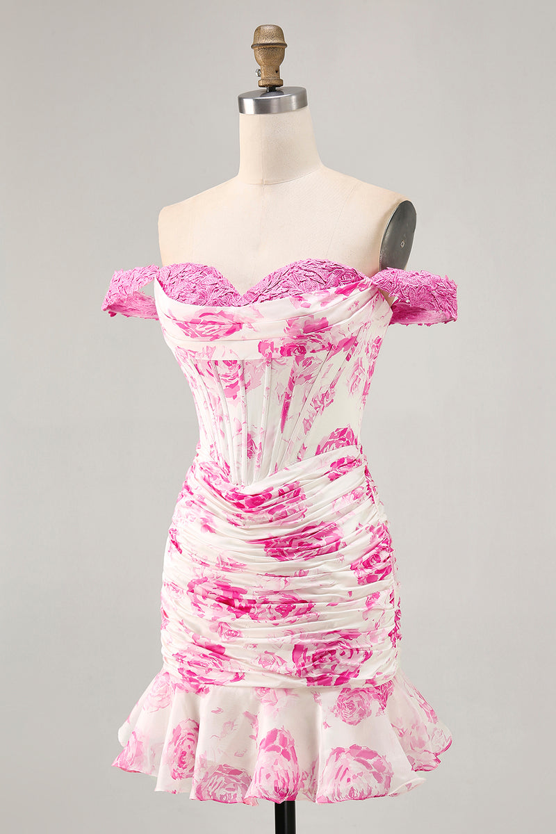 Load image into Gallery viewer, White and Fuchsia Floral Corset Tight Short Prom Dress with Appliques