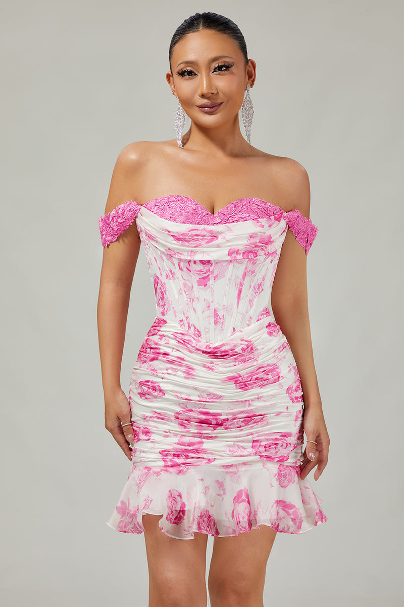 Load image into Gallery viewer, White and Blue Floral Tight Corset Short Prom Dress with Appliques