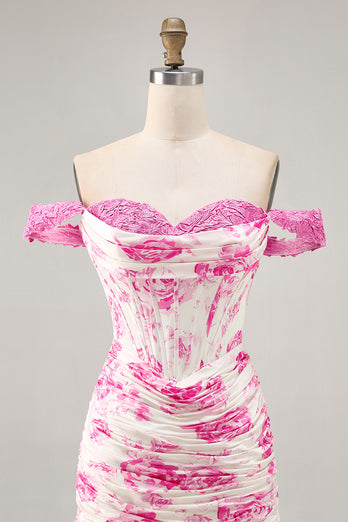 White and Fuchsia Floral Corset Tight Short Prom Dress with Appliques
