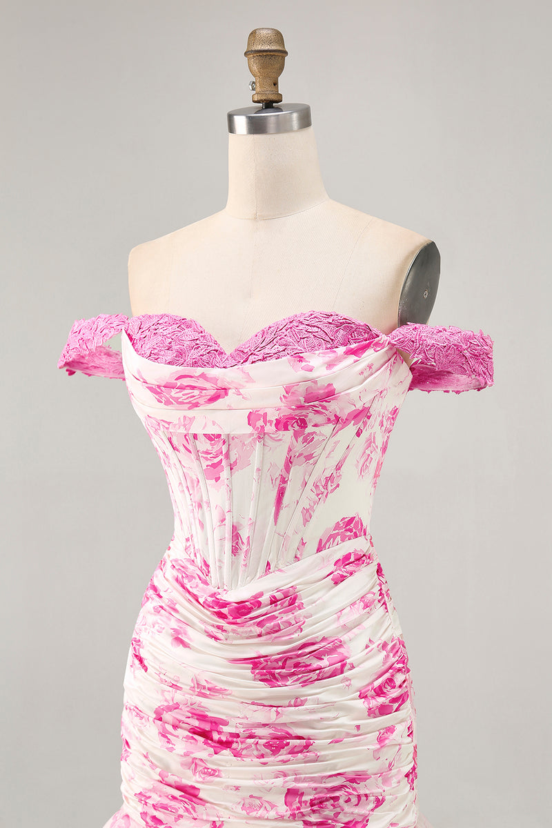 Load image into Gallery viewer, White and Fuchsia Floral Corset Tight Short Prom Dress with Appliques