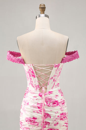 White and Fuchsia Floral Corset Tight Short Prom Dress with Appliques