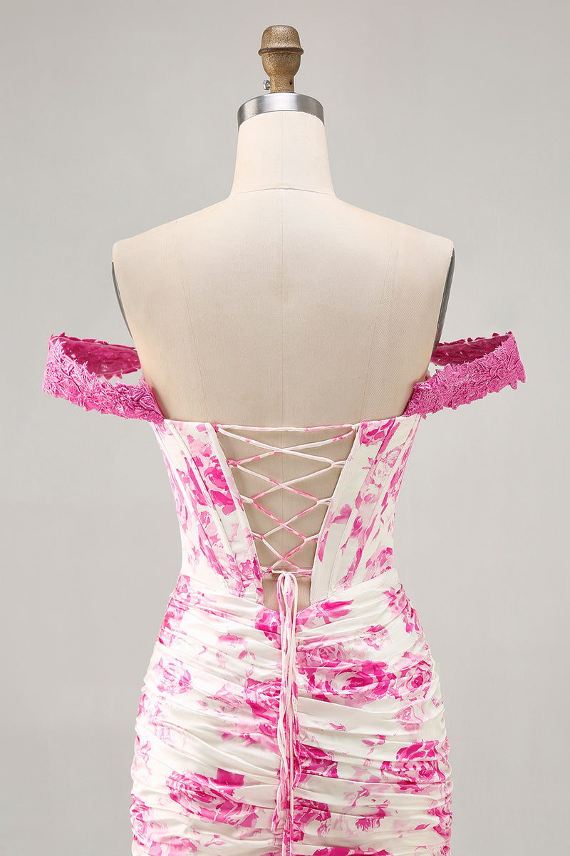 Load image into Gallery viewer, White and Fuchsia Floral Corset Tight Short Prom Dress with Appliques
