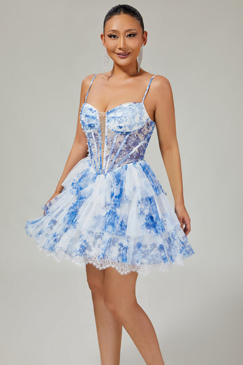 White and Blue Floral Ruffled Corset Short Prom Dress with Pearls