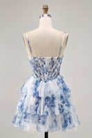 Load image into Gallery viewer, White and Blue Floral Ruffled Corset Short Prom Dress with Pearls