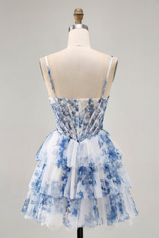 White and Blue Floral Ruffled Corset Short Prom Dress with Pearls