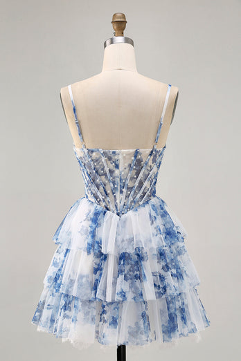 White and Blue Floral Ruffled Corset Short Prom Dress with Pearls