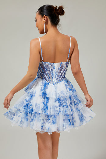 White and Blue Floral Ruffled Corset Short Prom Dress with Pearls