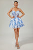 Load image into Gallery viewer, White and Blue Floral Ruffled Corset Short Prom Dress with Pearls
