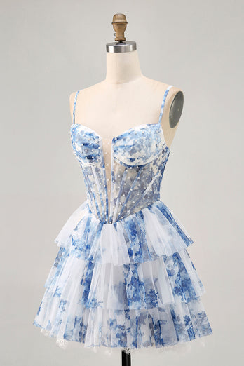 White and Blue Floral Ruffled Corset Short Prom Dress with Pearls