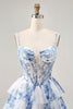 Load image into Gallery viewer, White and Blue Floral Ruffled Corset Short Prom Dress with Pearls
