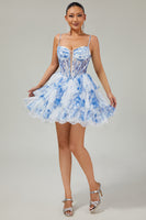 Load image into Gallery viewer, White and Blue Floral Ruffled Corset Short Prom Dress with Pearls