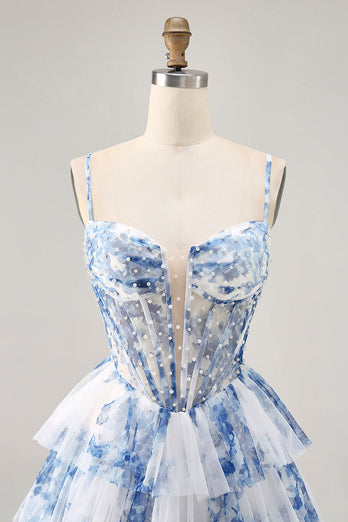 White and Blue Floral Ruffled Corset Short Prom Dress with Pearls