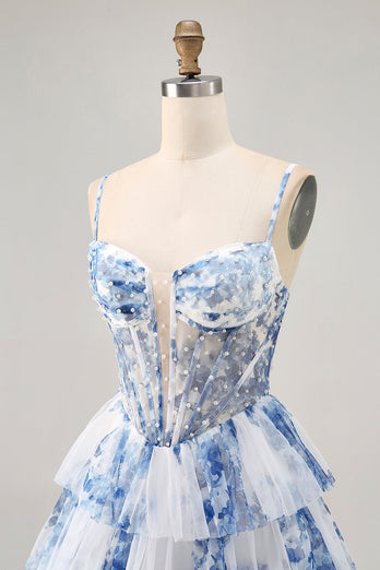 White and Blue Floral Ruffled Corset Short Prom Dress with Pearls