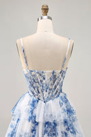Load image into Gallery viewer, White and Blue Floral Ruffled Corset Short Prom Dress with Pearls