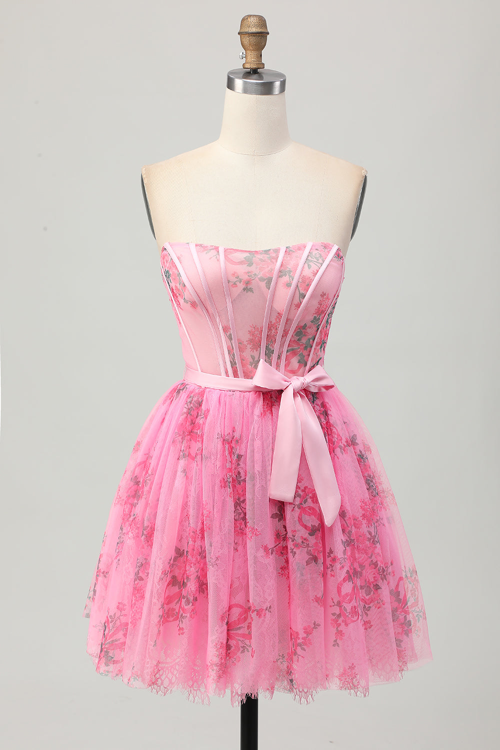 Pink Floral Strapless Corset Short Prom Dress with Bow