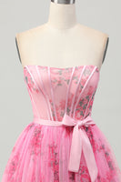 Load image into Gallery viewer, Pink Floral Strapless Corset Short Prom Dress with Bow