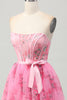 Load image into Gallery viewer, Pink Floral Strapless Corset Short Prom Dress with Bow