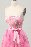 Load image into Gallery viewer, Pink Floral Strapless Corset Short Prom Dress with Bow