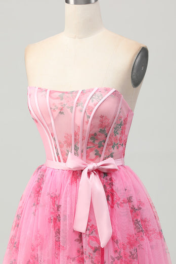 Pink Floral Strapless Corset Short Prom Dress with Bow