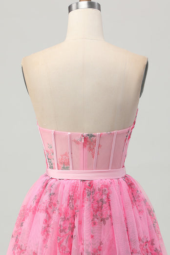 Pink Floral Strapless Corset Short Prom Dress with Bow