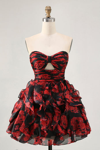 Black and Red Floral Sweetheart Cut Out Short Prom Dress with Ruffles