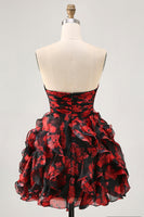 Load image into Gallery viewer, Black and Red Floral Sweetheart Cut Out Short Prom Dress with Ruffles