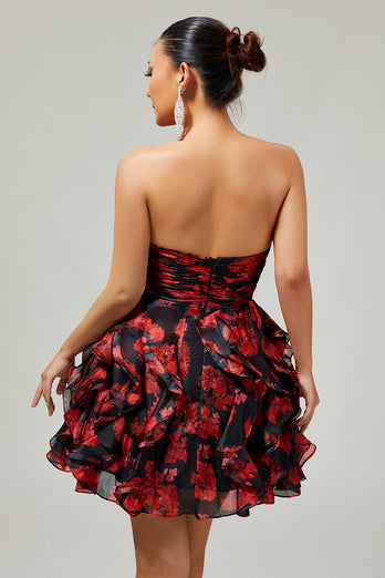 Black and Red Floral Sweetheart Cut Out Short Prom Dress with Ruffles