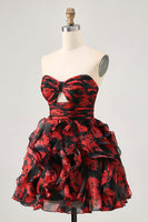 Load image into Gallery viewer, Black and Red Floral Sweetheart Cut Out Short Prom Dress with Ruffles