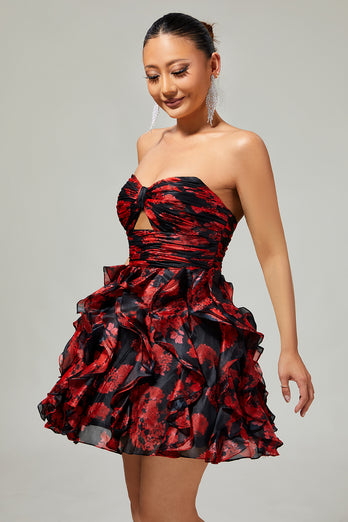Black and Red Floral Sweetheart Cut Out Short Prom Dress with Ruffles
